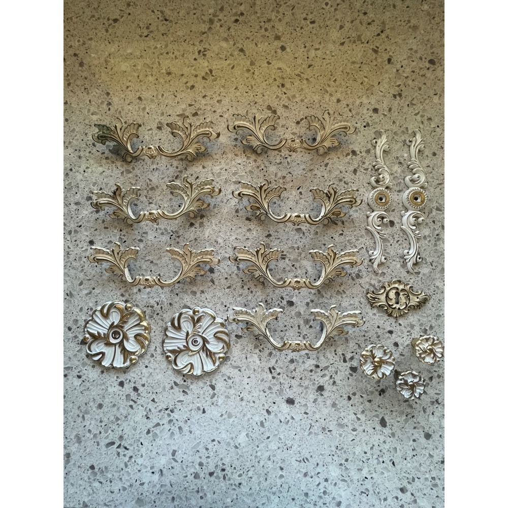 Vintage French Provincial Furniture Hardware Lot White Gold Pulls Knobs 15pc